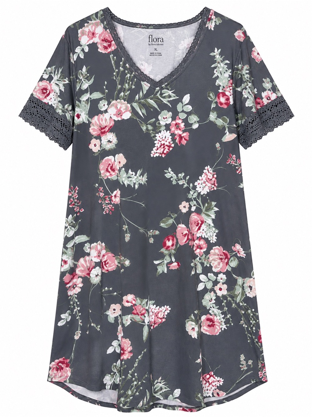 Flora by Flora Nikrooz Floral Lace Trim Sleep Shirt Nightgown Gray Pink XL